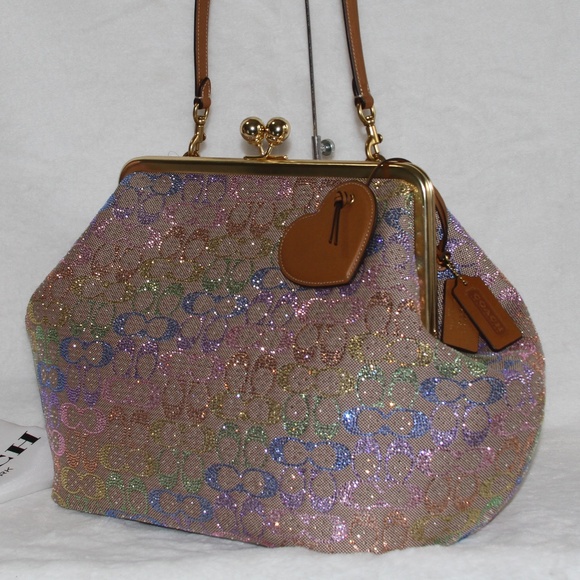 Coach Handbags - NWT COACH LARGE Oversized Kisslock Frame Bag Rainbow Crystal Signature Jacquard